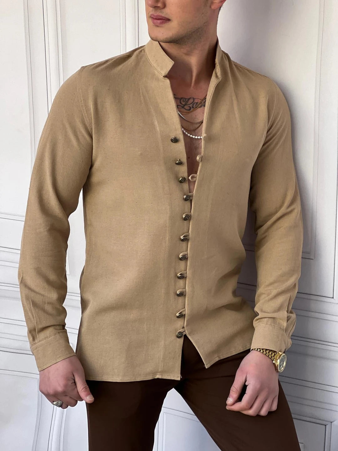 Ham Keten Metal Düğme Gömlek