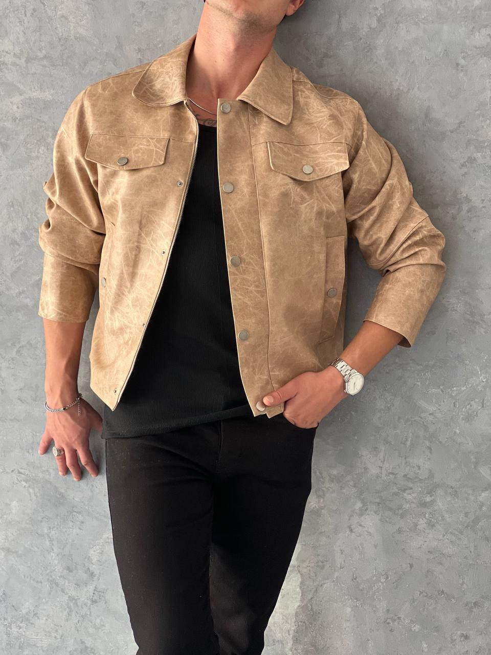 Yüksek Kalite Taşlı Eskitme Deri Mont