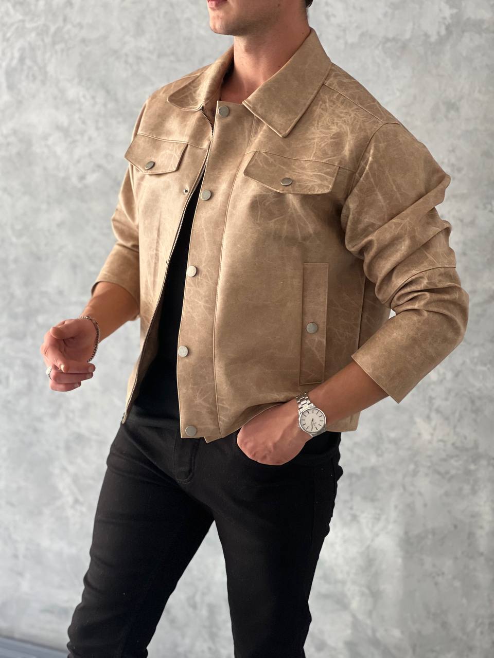 Yüksek Kalite Taşlı Eskitme Deri Mont