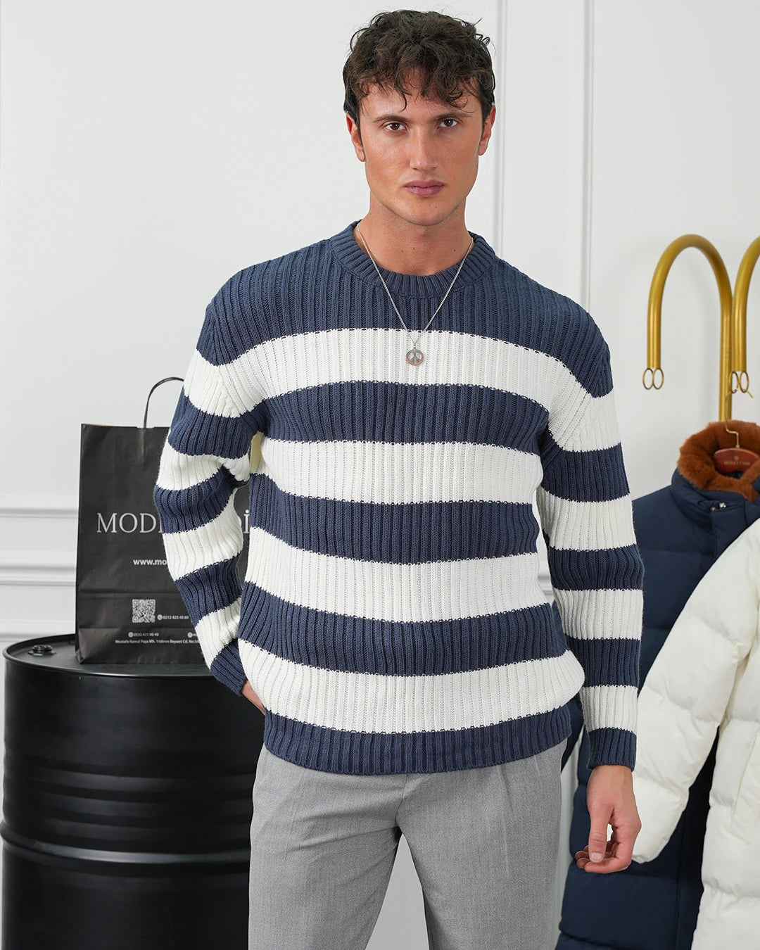 Bisiklet Yaka Desenli Oversize Kazak