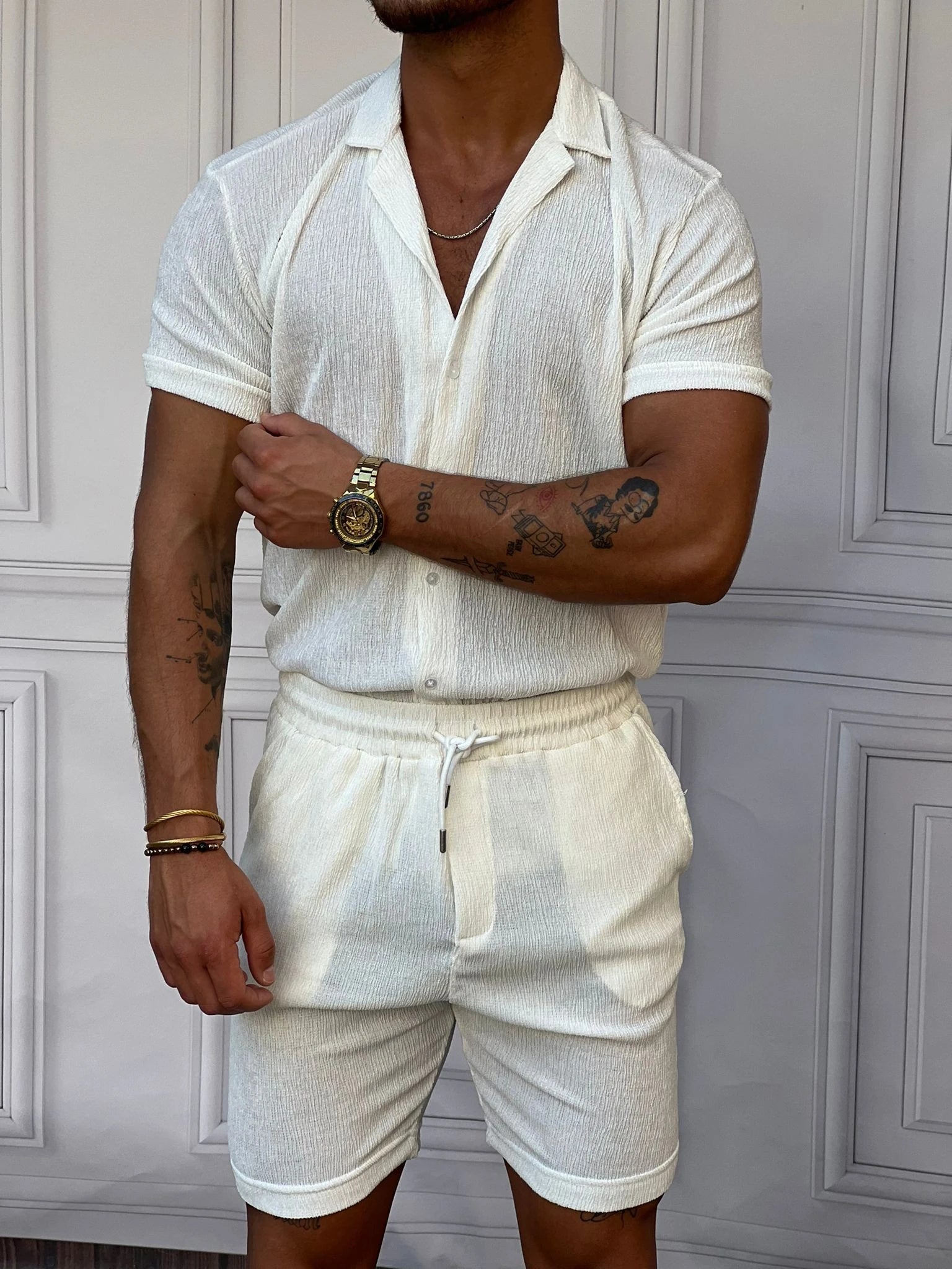 Krinkıl Kumaş Pamuklu Gömlek + Şort Takım