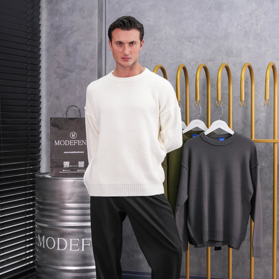 Ters Dikiş Oversize Bisiklet Yaka Yün Pamuk Kazak