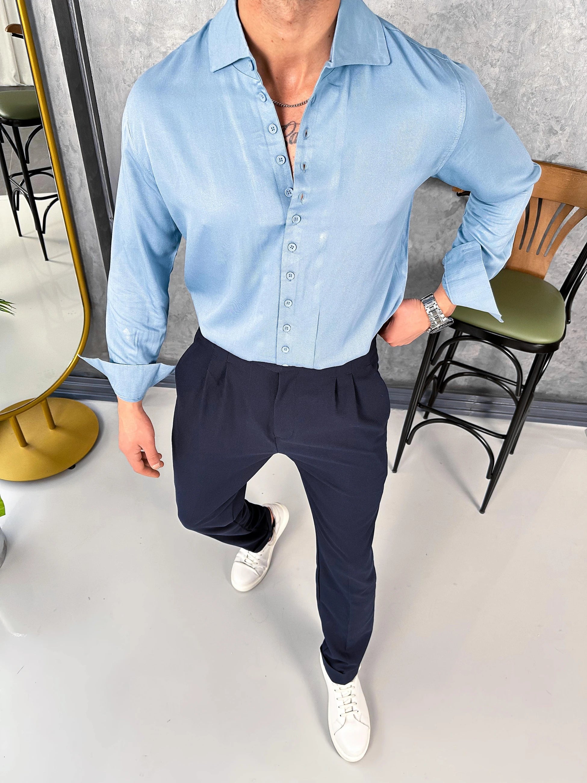 Tensel Kumaş Pamuk Dokulu Kayık Yaka Extra Regular Fit Çok Düğme Detaylı Gömlek