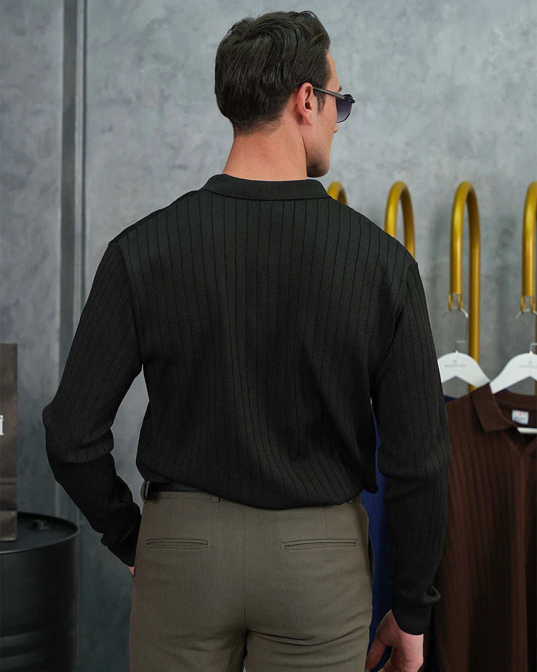 Pamuk Likra Slim Fit Kesik Yaka Dikey Çizgi Triko Kazak