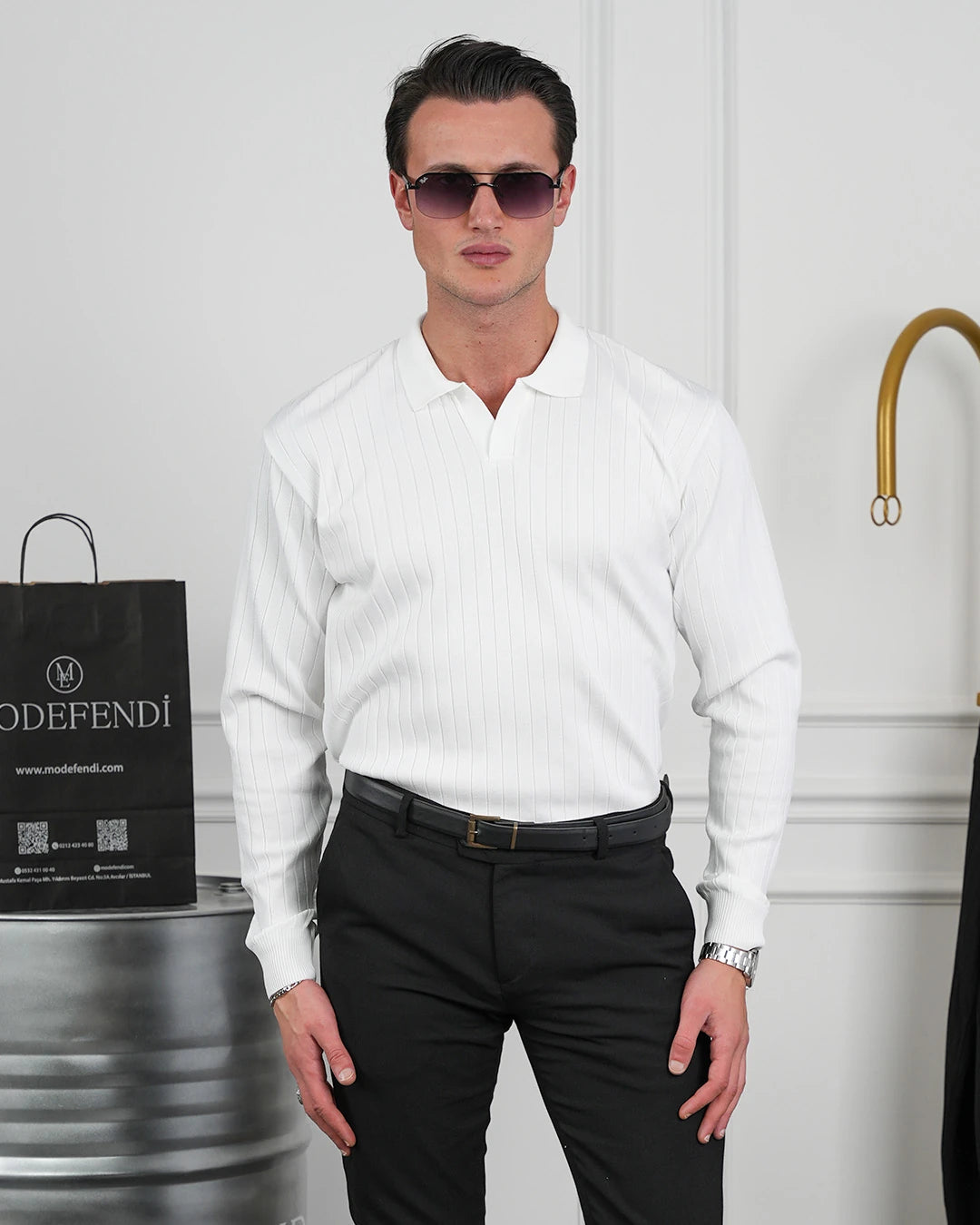 Pamuk Likra Slim Fit Kesik Yaka Dikey Çizgi Triko Kazak