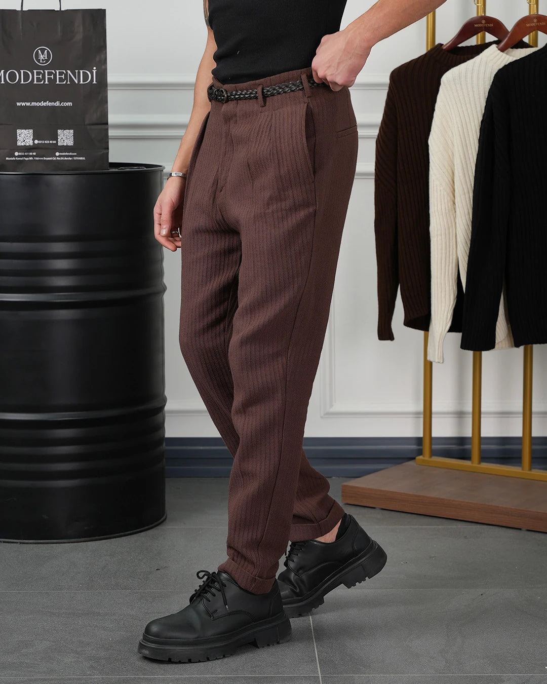 Hasır Örgü Kemerli Pamuk Keten Örme Pileli Pantolon