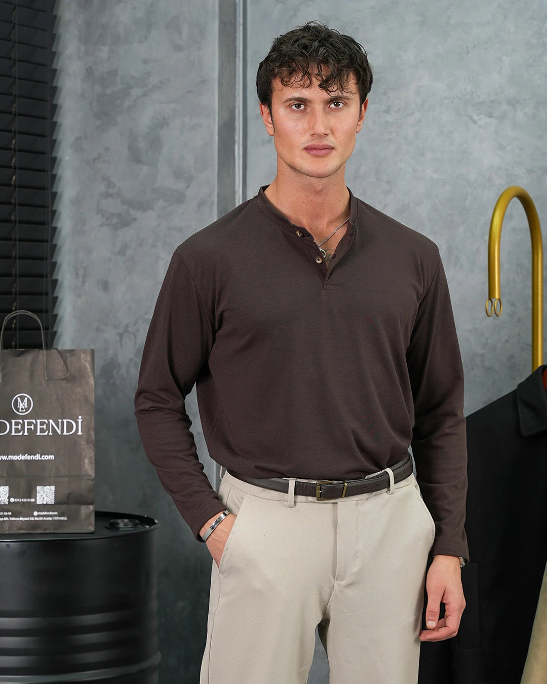 Pamuk Likra Orta Slim Fit Hakim Yaka İki Düğme Sweatshirt