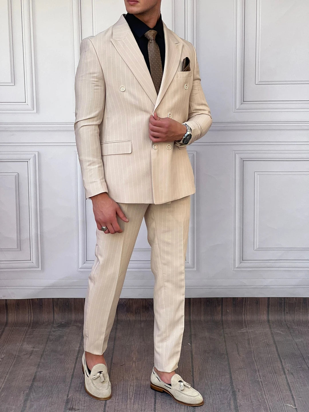 Çizgi Detaylı Kruvaze Ceket Pantolon Takım