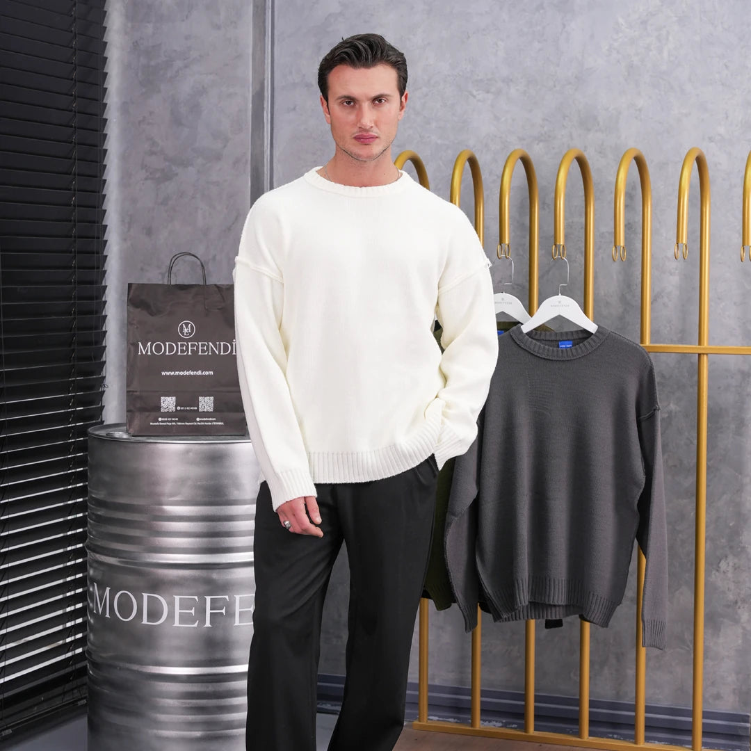 Ters Dikiş Oversize Bisiklet Yaka Yün Pamuk Kazak