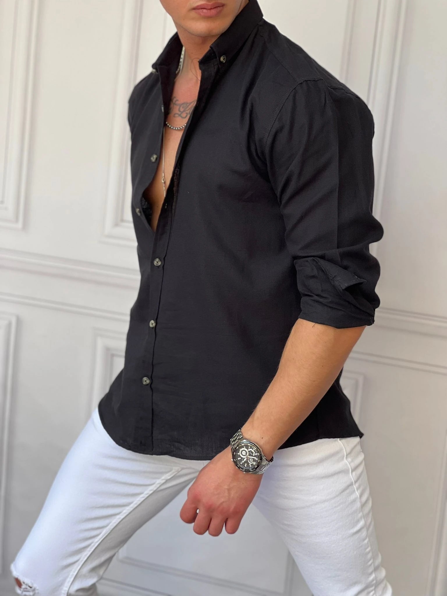 Rahat Kalıp Oversize Büyük Düğme Pamuklu Keten Gömlek