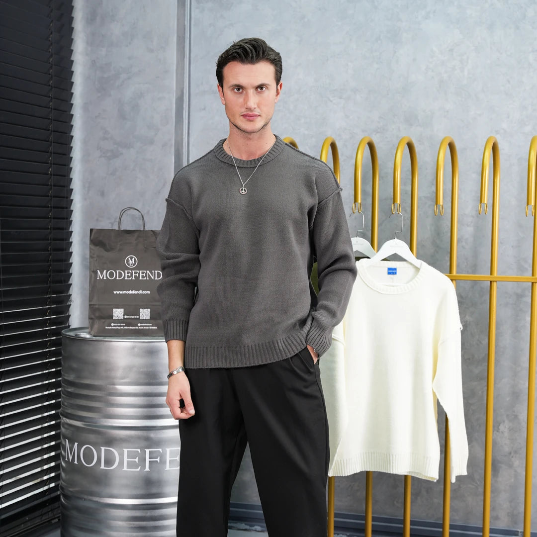 Ters Dikiş Oversize Bisiklet Yaka Yün Pamuk Kazak