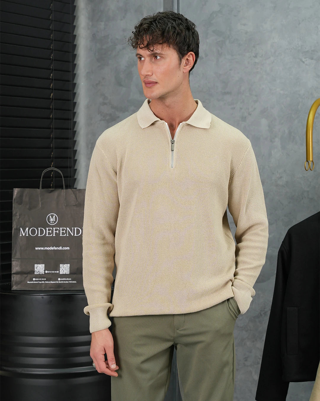 Yüksek Kalite Polo Yaka Fermuar Detaylı Kazak