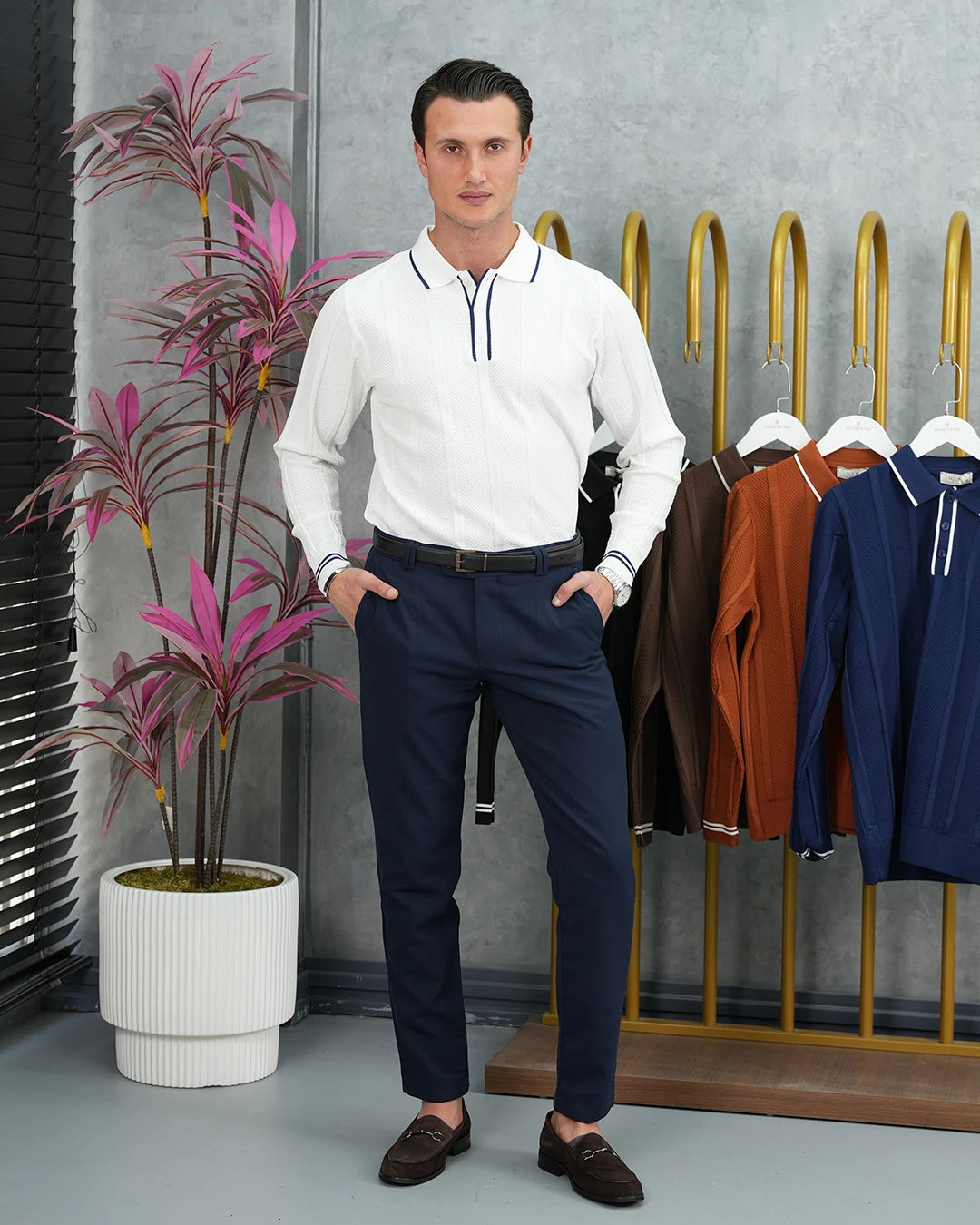 Pamuk Likra Slim Fit Örgü Desen Yaka Şerit Detaylı Polo Yaka Kazak