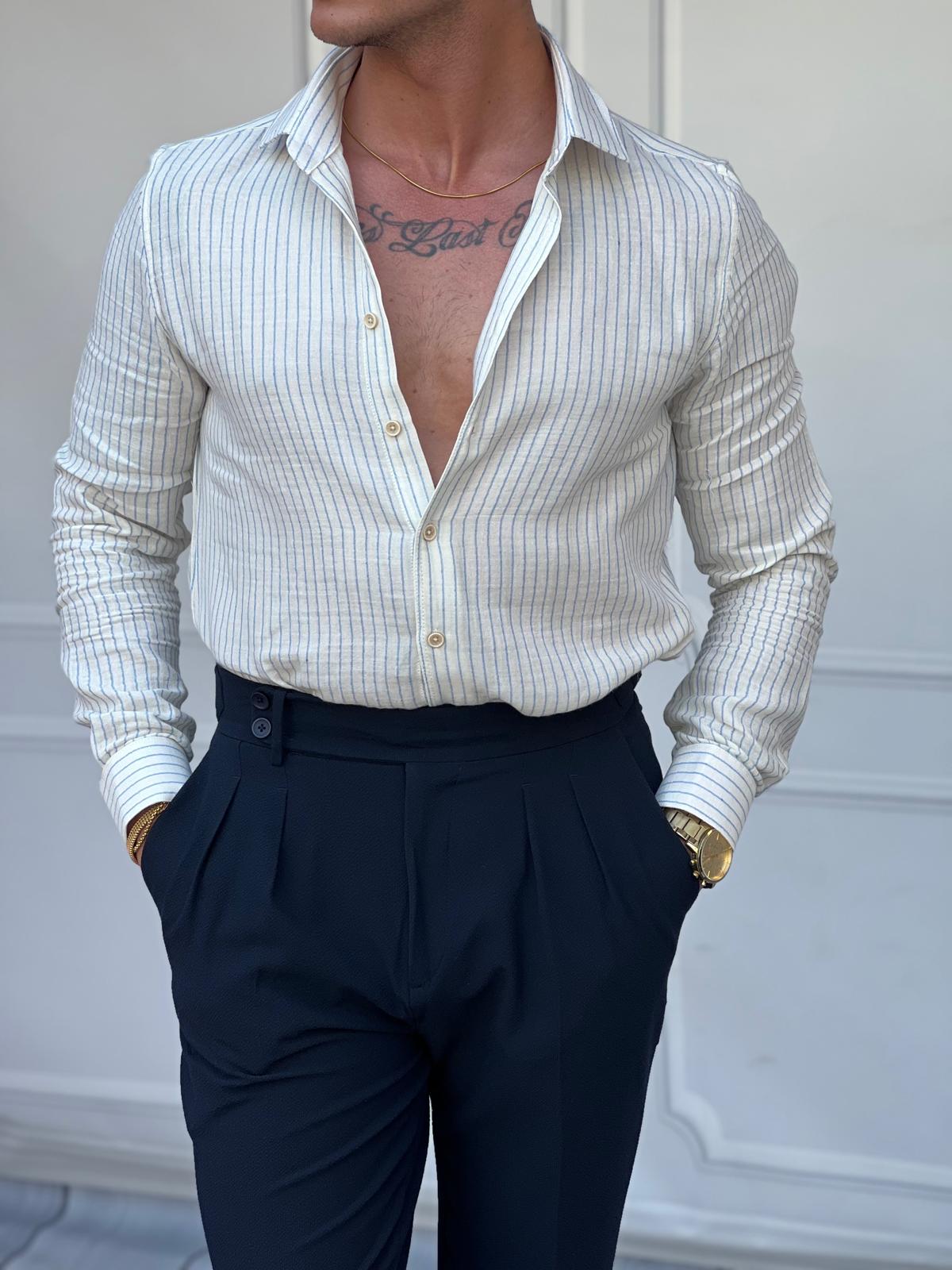 İnce Fitilli %100 İnce Pamuk Keten Regular Kalıp Gömlek