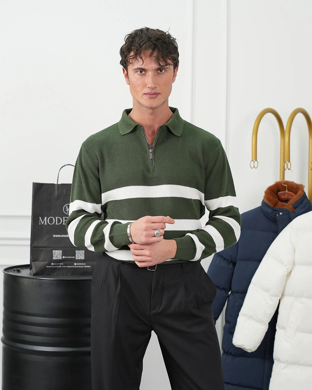 Yüksek Kalite Fermuar Detaylı Desenli Triko