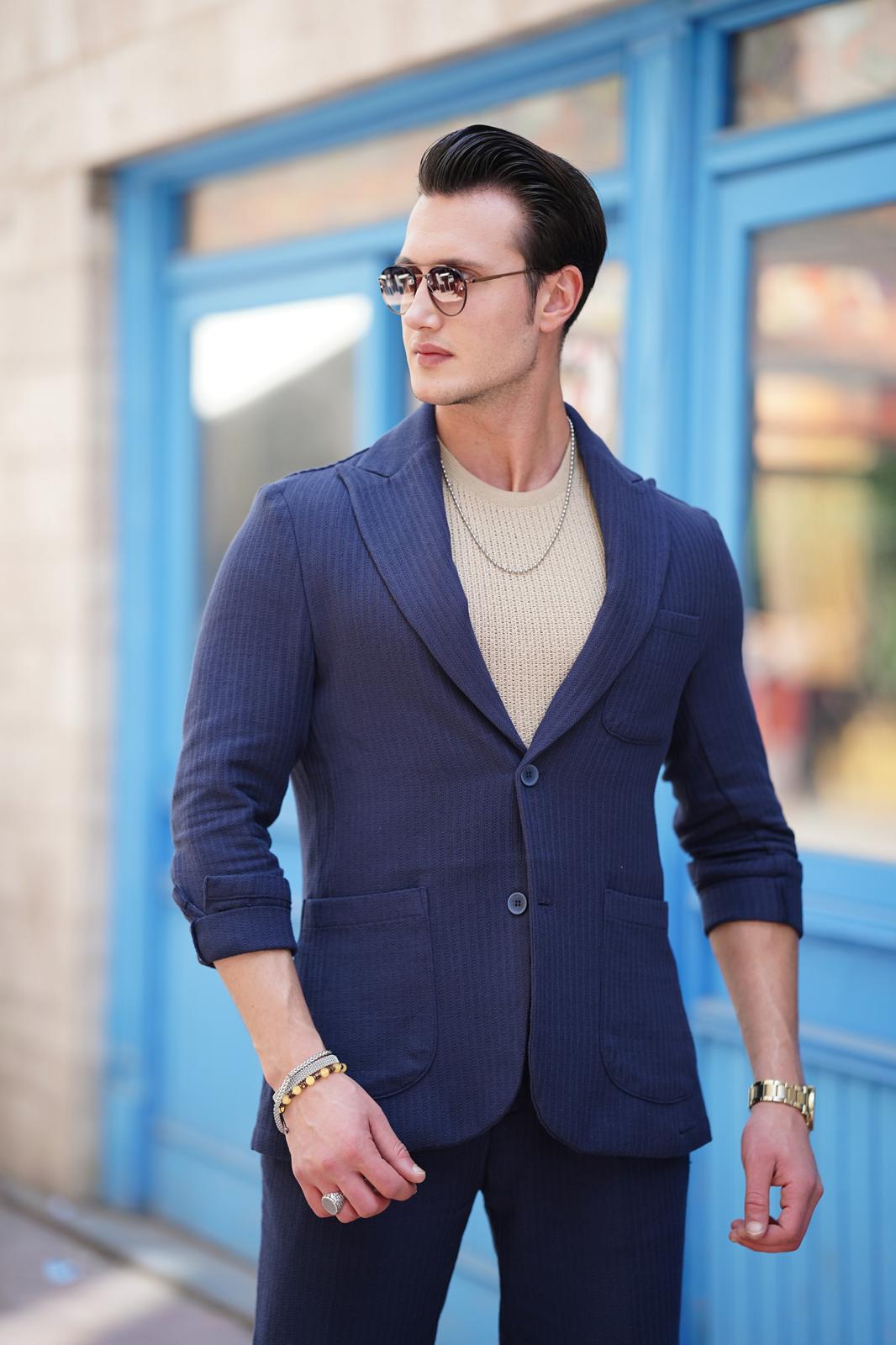 %100 Pamuk Keten Modern Fit Örgü Kemer Detaylı Keten Takım Elbise