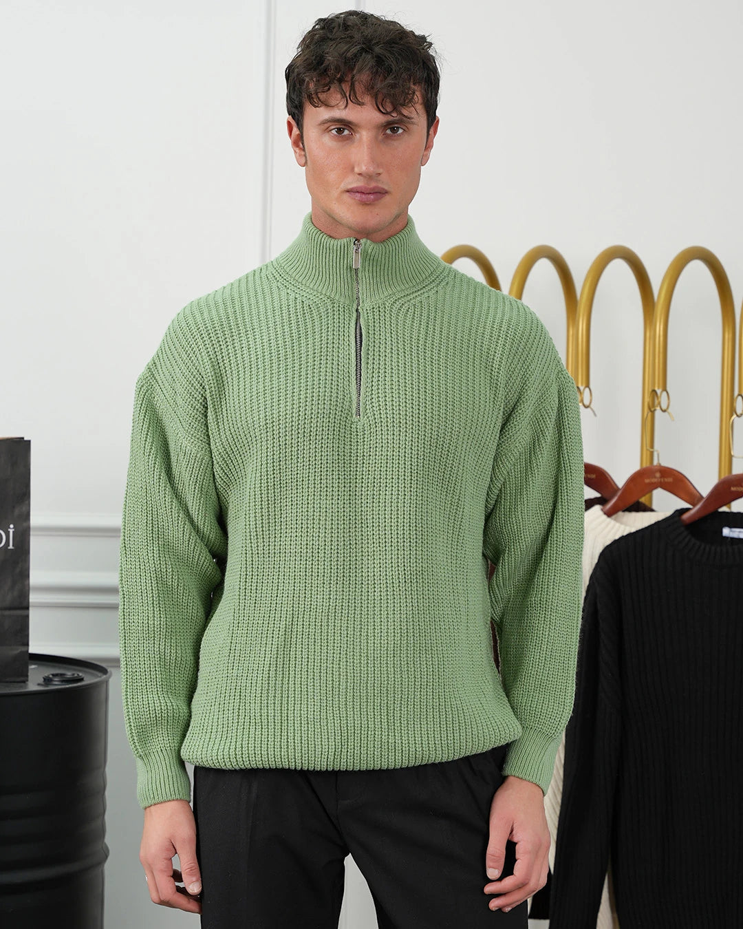 Örgü Desen Fermuar Detaylı Oversize Kazak