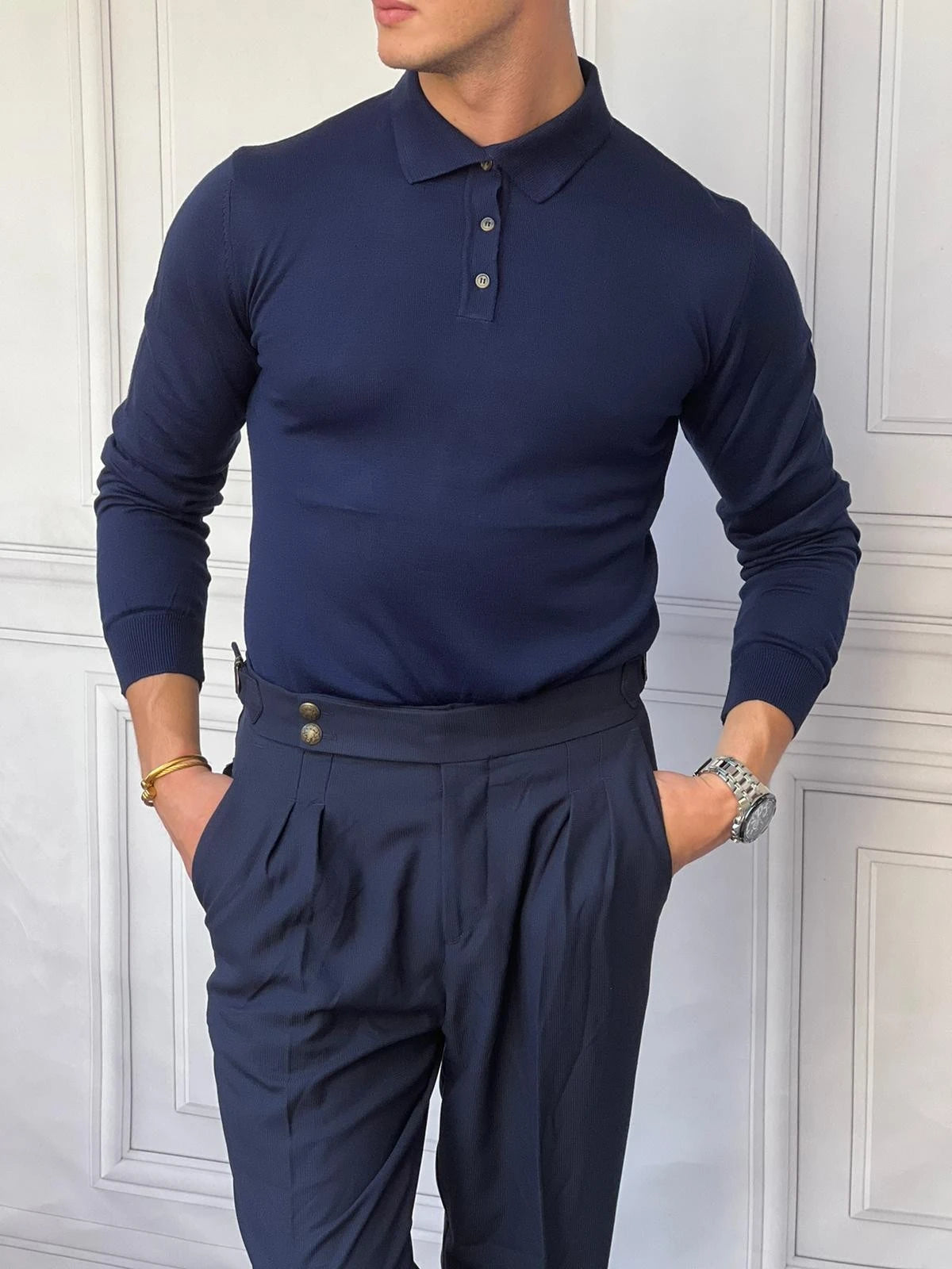 Slimfit Kalıp Pamuk Likra Düğme Detaylı Triko Kazak