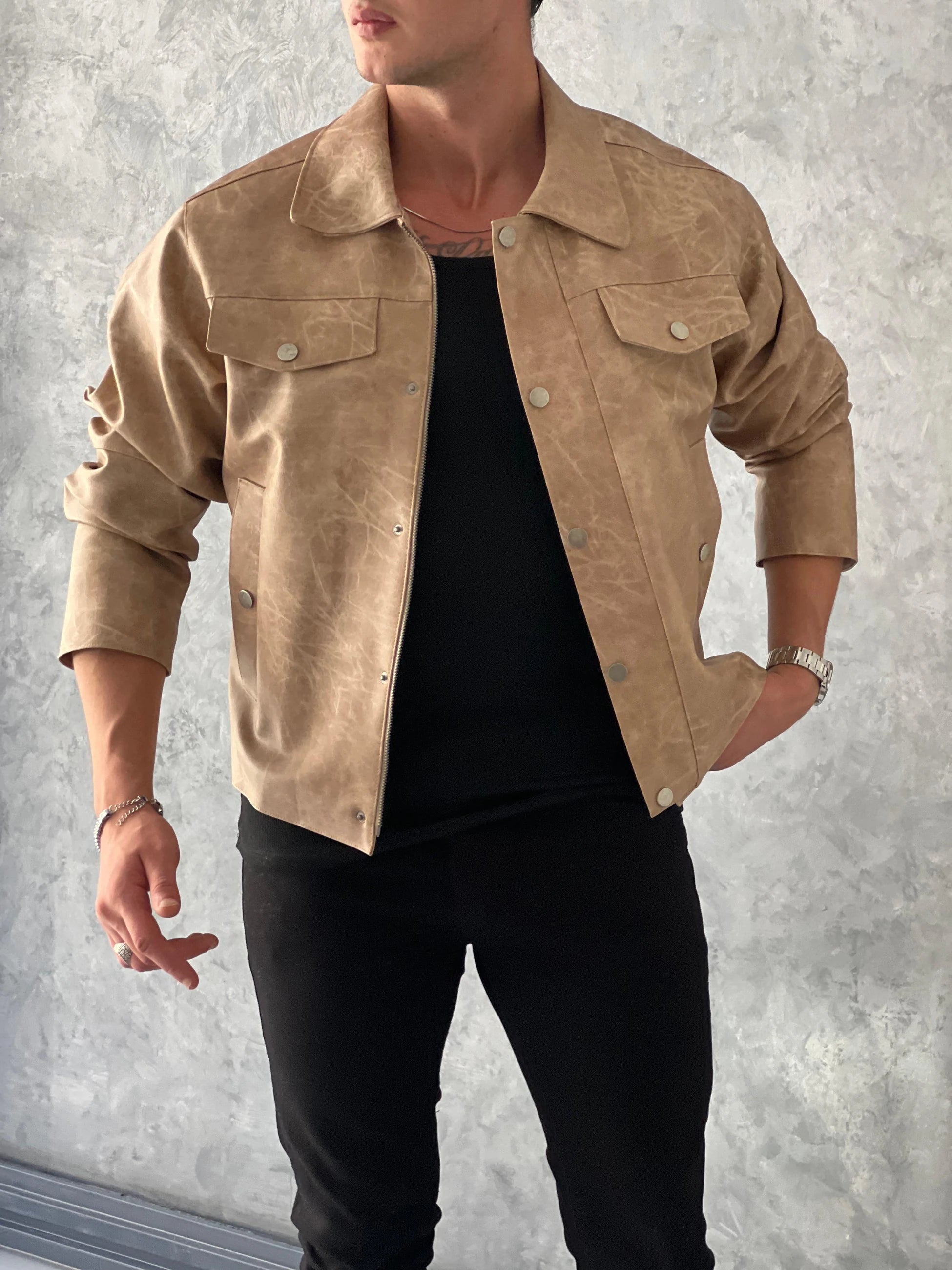 Yüksek Kalite Taşlı Eskitme Deri Mont