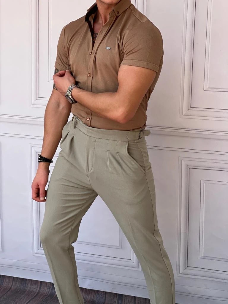 Pamuk Likra Gofre Kumaş Slim Fıt Kalıp Kısa Kollu Gömlek