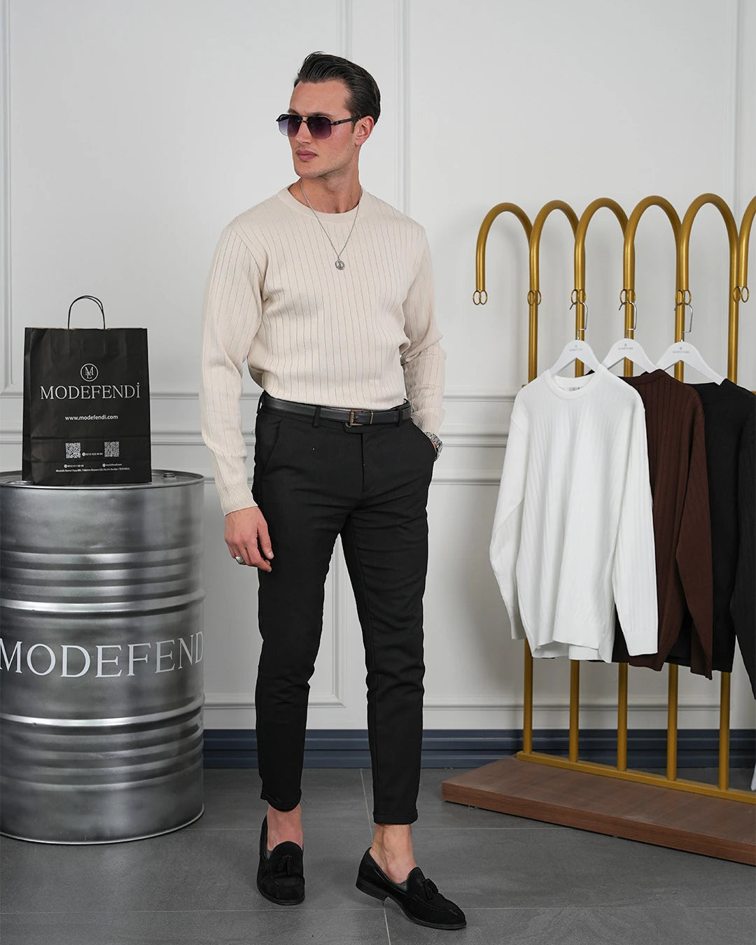 Pamuk Likra Slim Fit Bisiklet Yaka Dikey Çizgi Triko Kazak