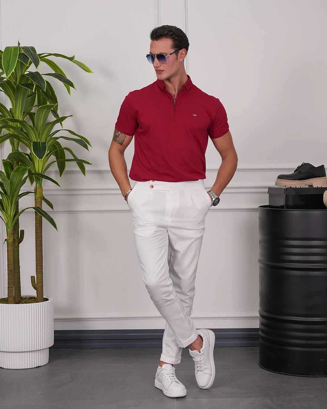 Pamuk Likra Slim Fit Kalıp Bebe Yaka Fermuarlı Tshirt