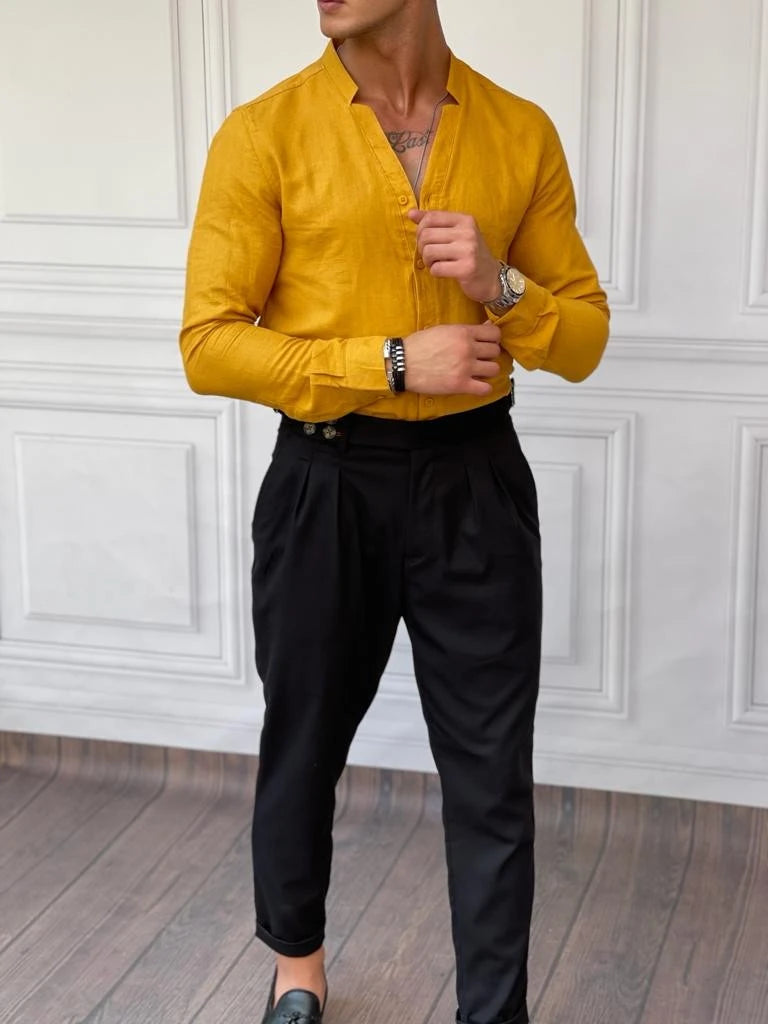 Rahat Kalıp  Yaka Yırtmaç Detaylı Keten Gömlek