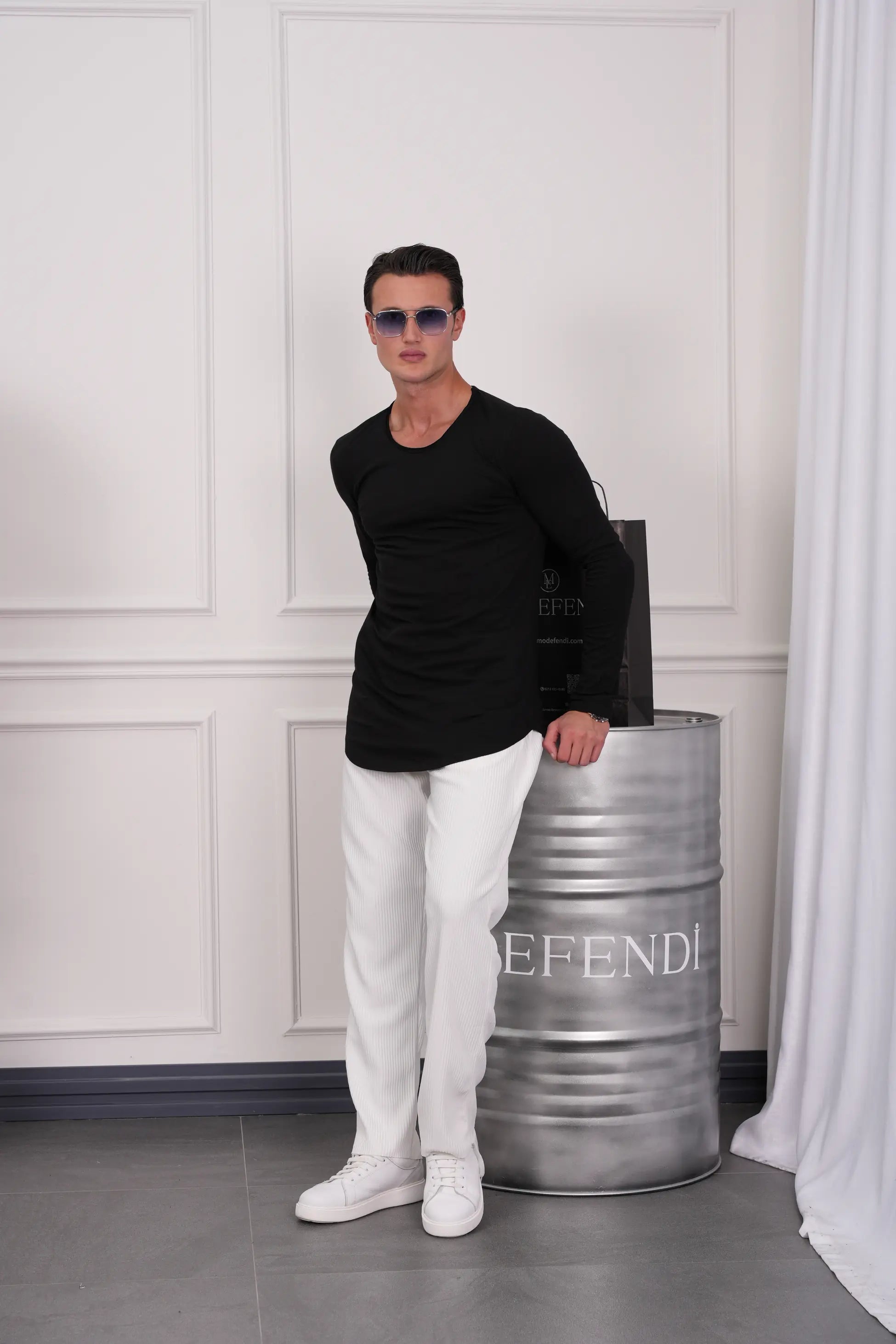 Slim Fit Oval Kesim Uzun Kollu Pamuk Basic Tshırt