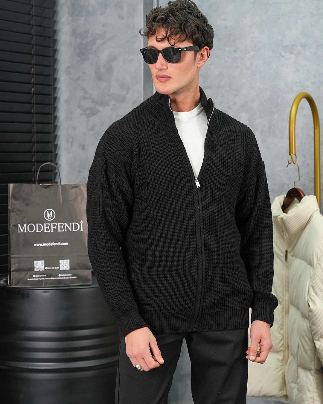 Yüksek Kalite Örgü Desen Fermuarlı Triko Hırka