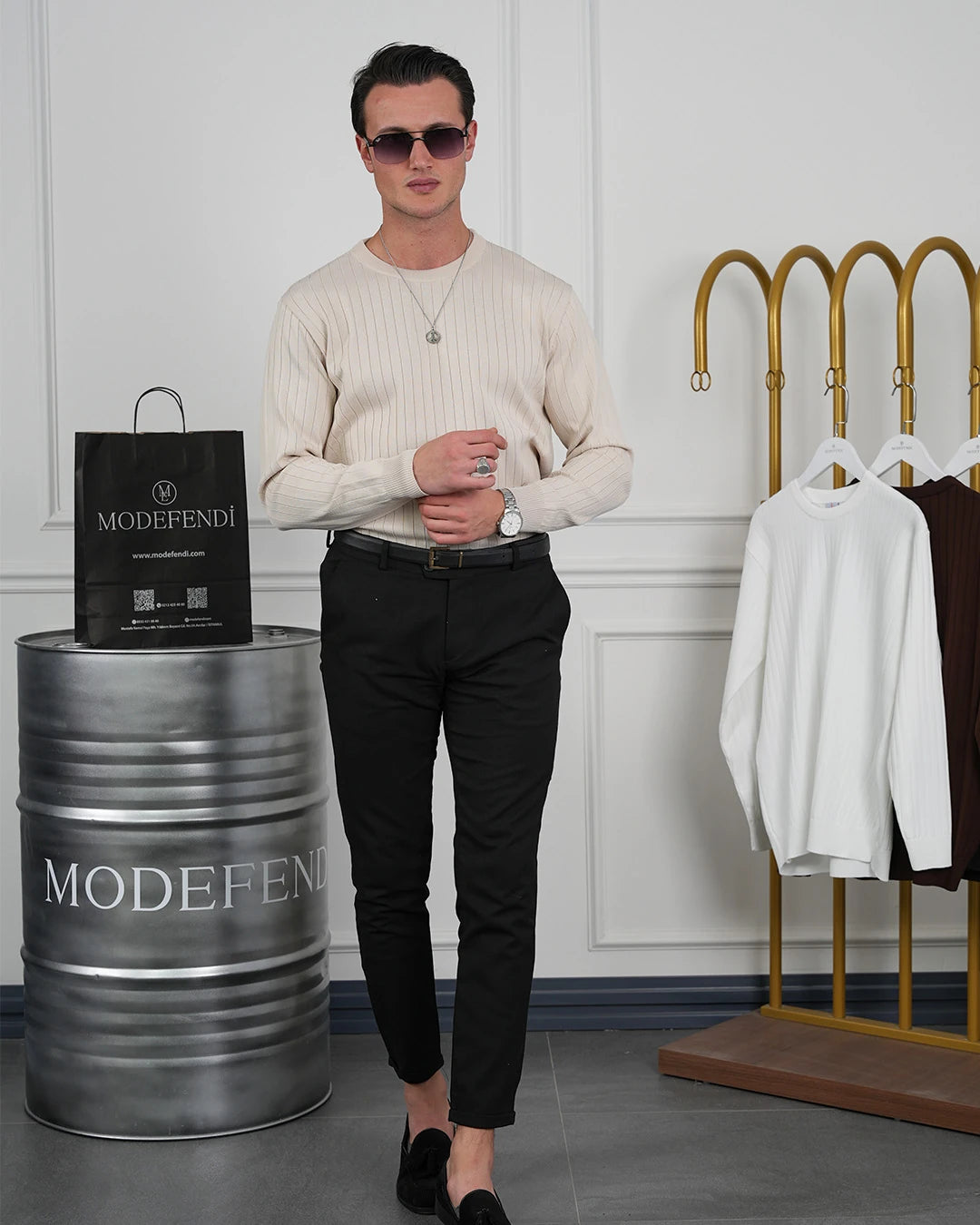 Pamuk Likra Slim Fit Bisiklet Yaka Dikey Çizgi Triko Kazak