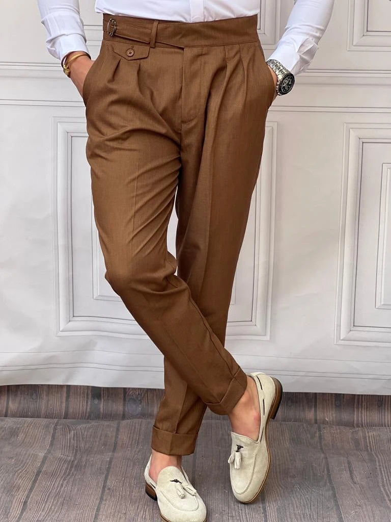 Kuşak Toka Detaylı Kuş Gözü Desen Pileli Pantolon