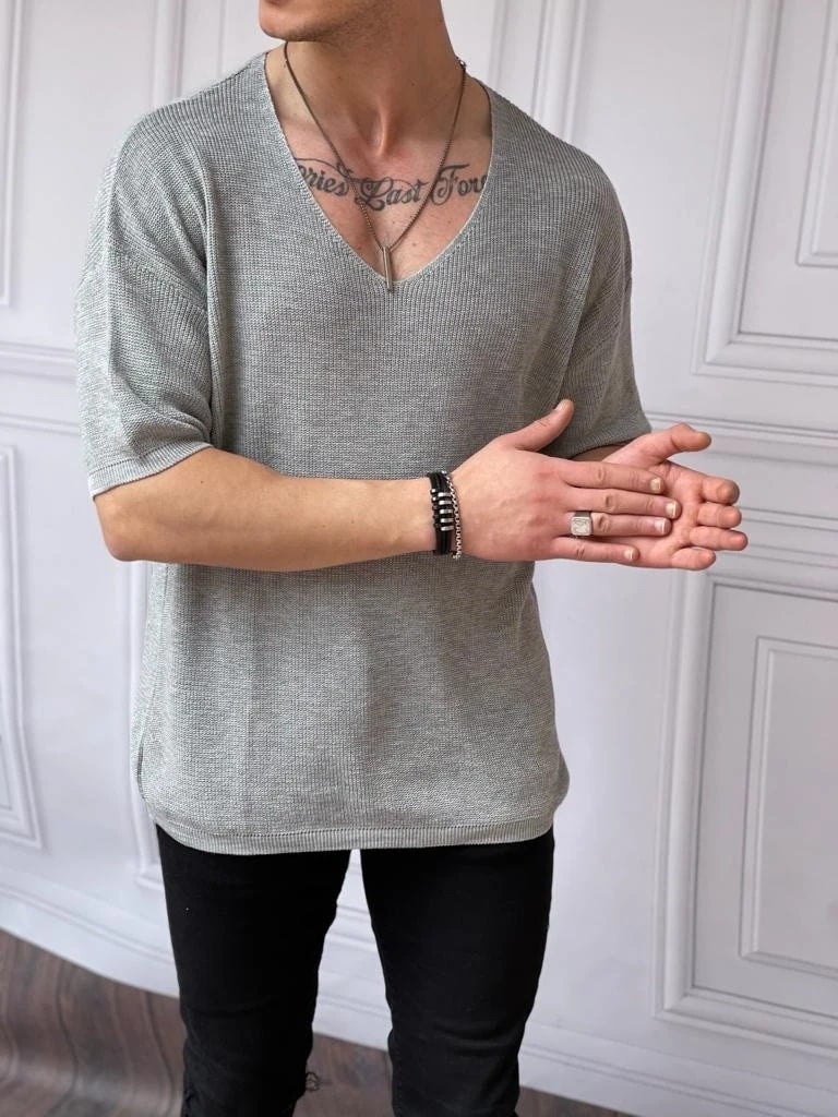 Relaxed Kalıp(Geniş Kalıp) Örme Triko Derin Açık Yaka Tshırt