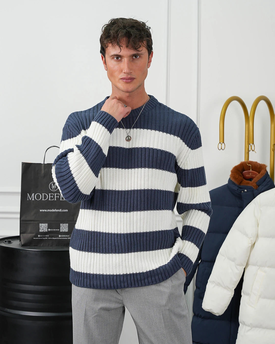 Bisiklet Yaka Desenli Oversize Kazak