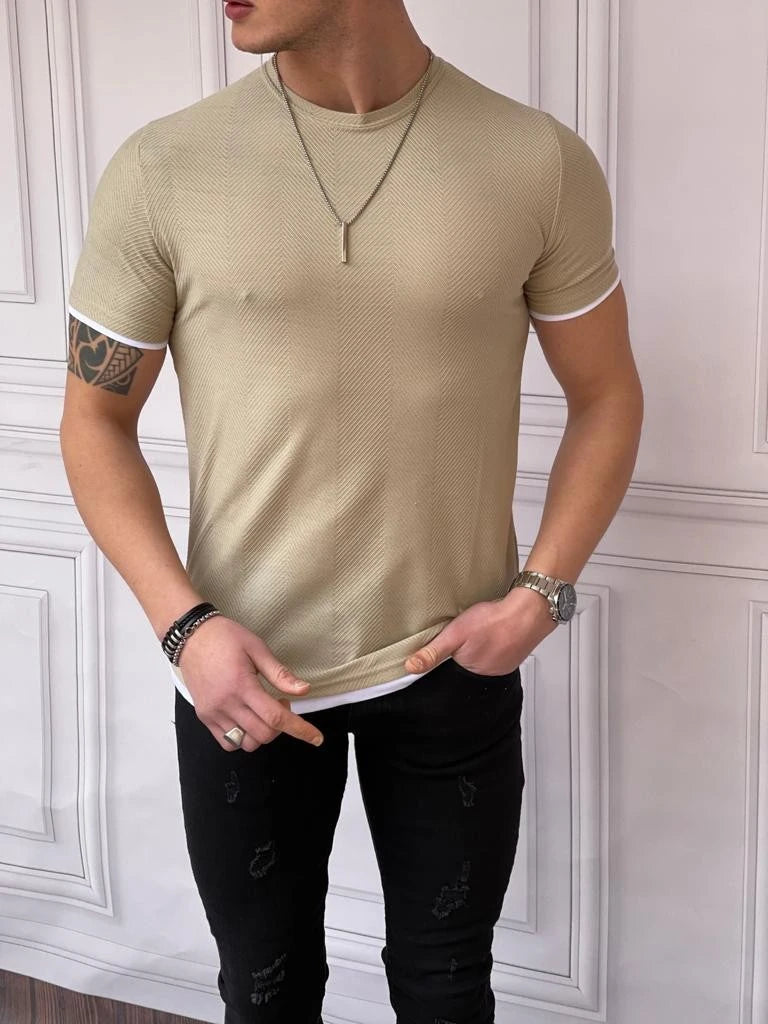 Slim Fit Örgü Desen  Pamuklu Parçalı Tshırt