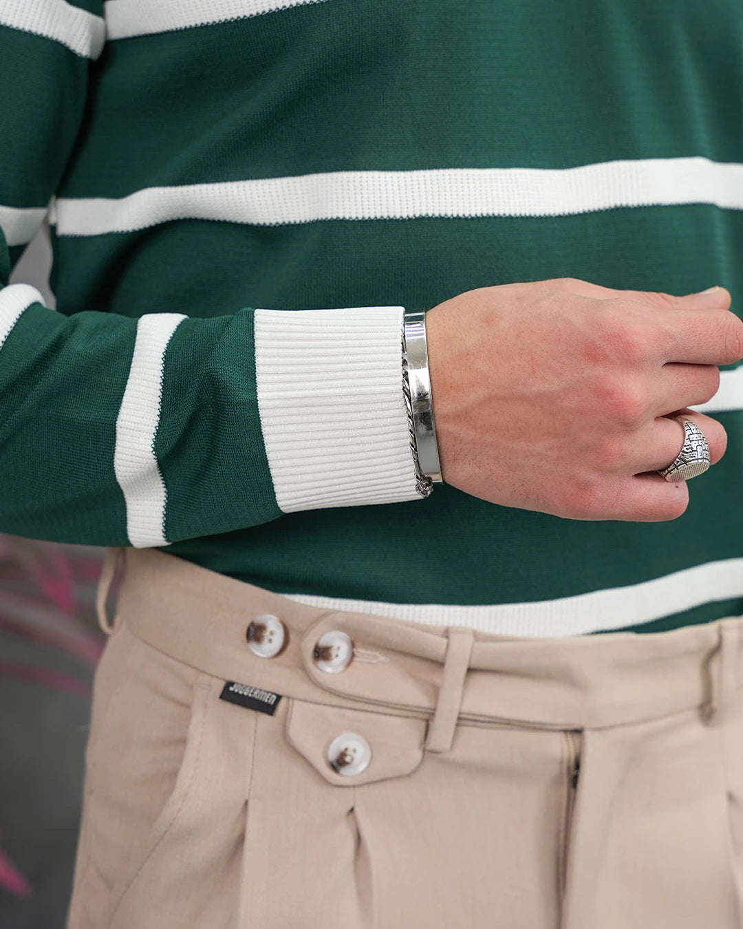 Pamuk Likra Slim Fit Örgü Yatay Desen Yaka Şerit Detaylı Polo Yaka Kazak