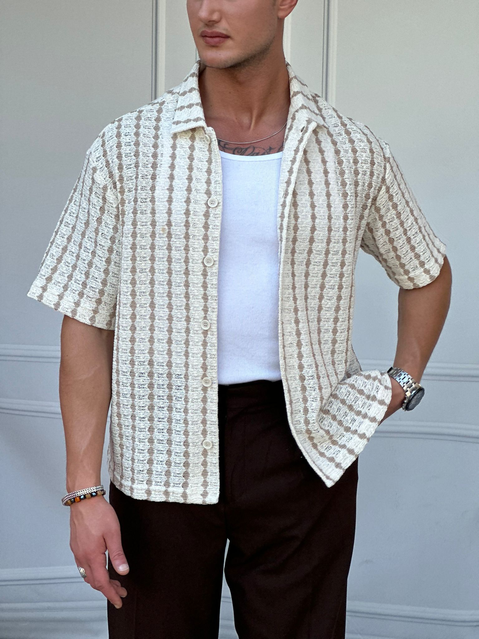 Şerit Desenli %100 Pamujk Dokuma Regular Fit Kısa Kollu Keten Gömlek