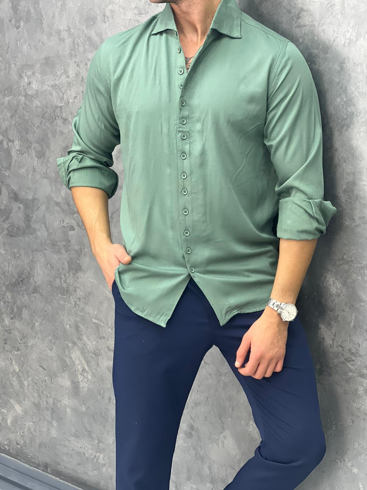 Tensel Kumaş Pamuk Dokulu Kayık Yaka Extra Regular Fit Çok Düğme Detaylı Gömlek