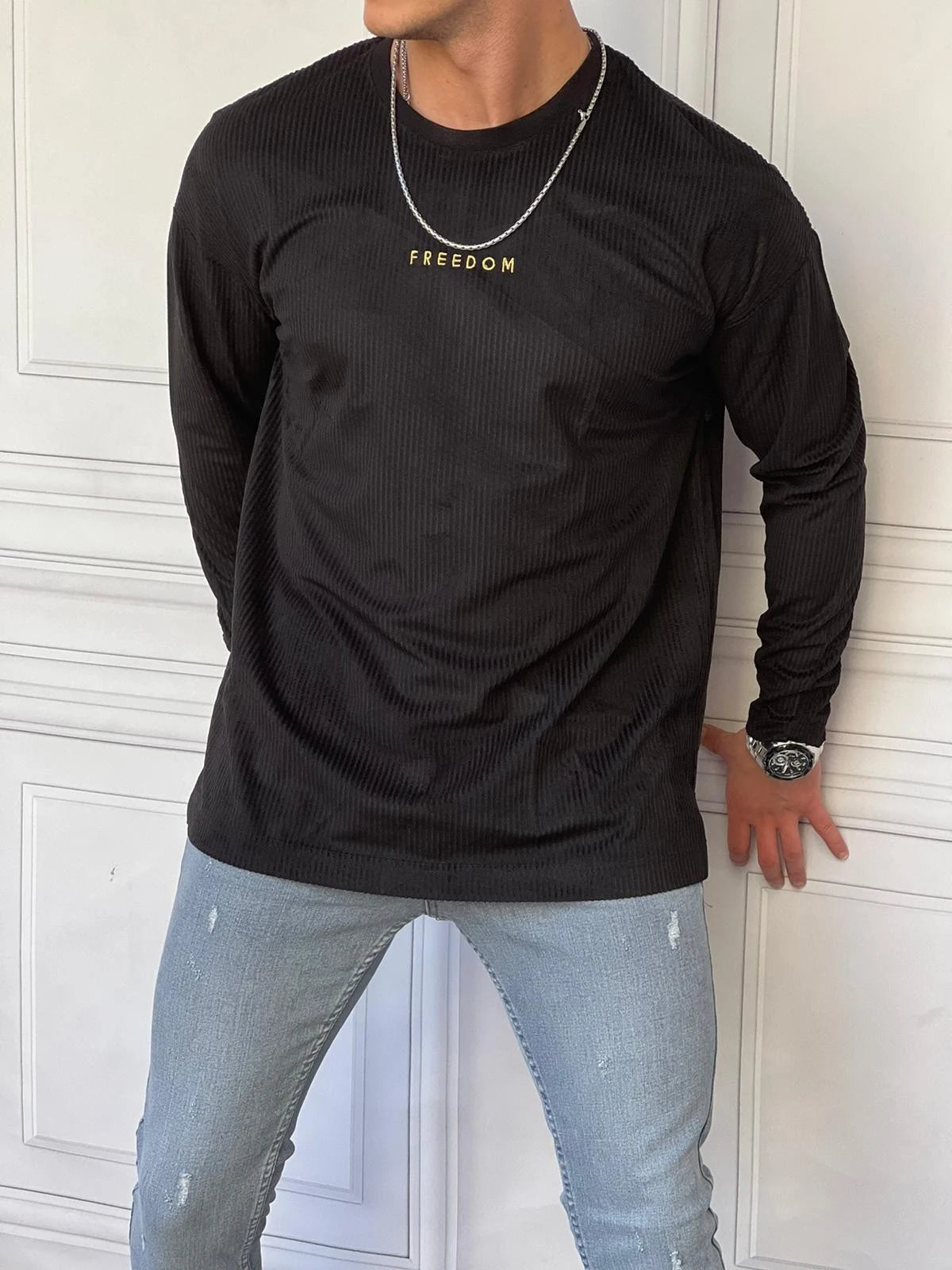 Freedom Baskılı Kadife Fitil Sweat