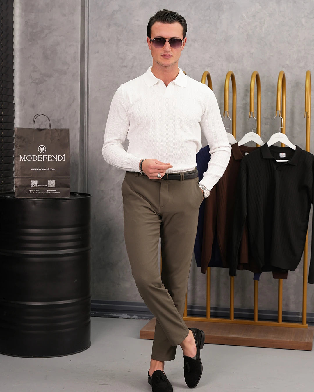 Pamuk Likra Slim Fit Örgü Desen Kesik Yaka Kazak