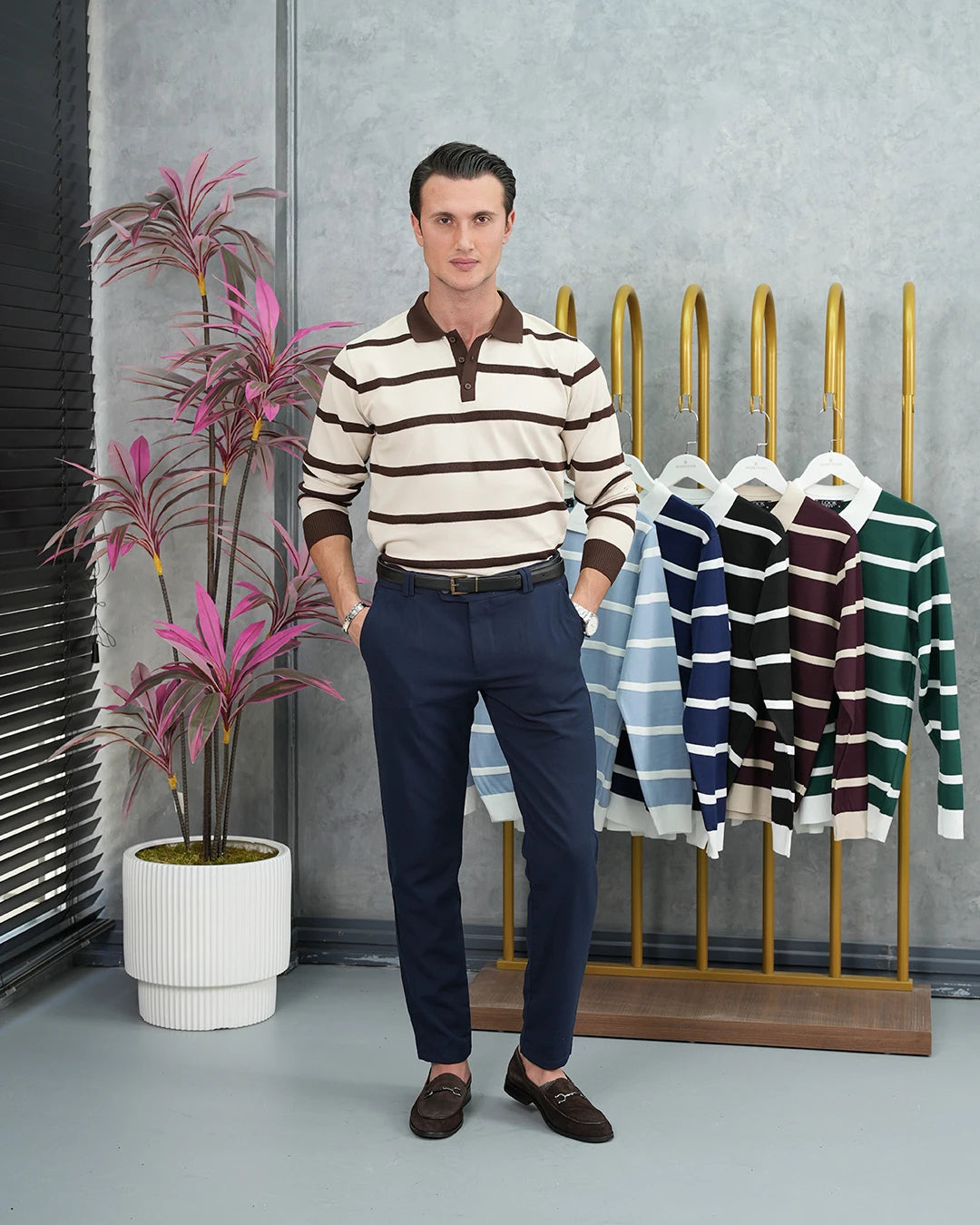 Pamuk Likra Slim Fit Örgü Yatay Desen Yaka Şerit Detaylı Polo Yaka Kazak