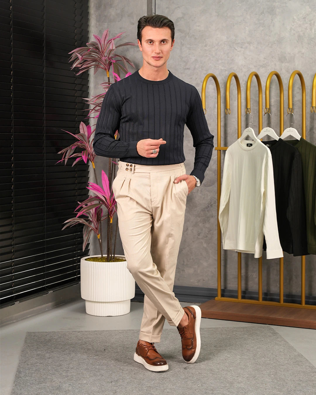 Pamuk Likra Kalın Fitil Bisiklet Yaka Slim Fit Triko Kazak