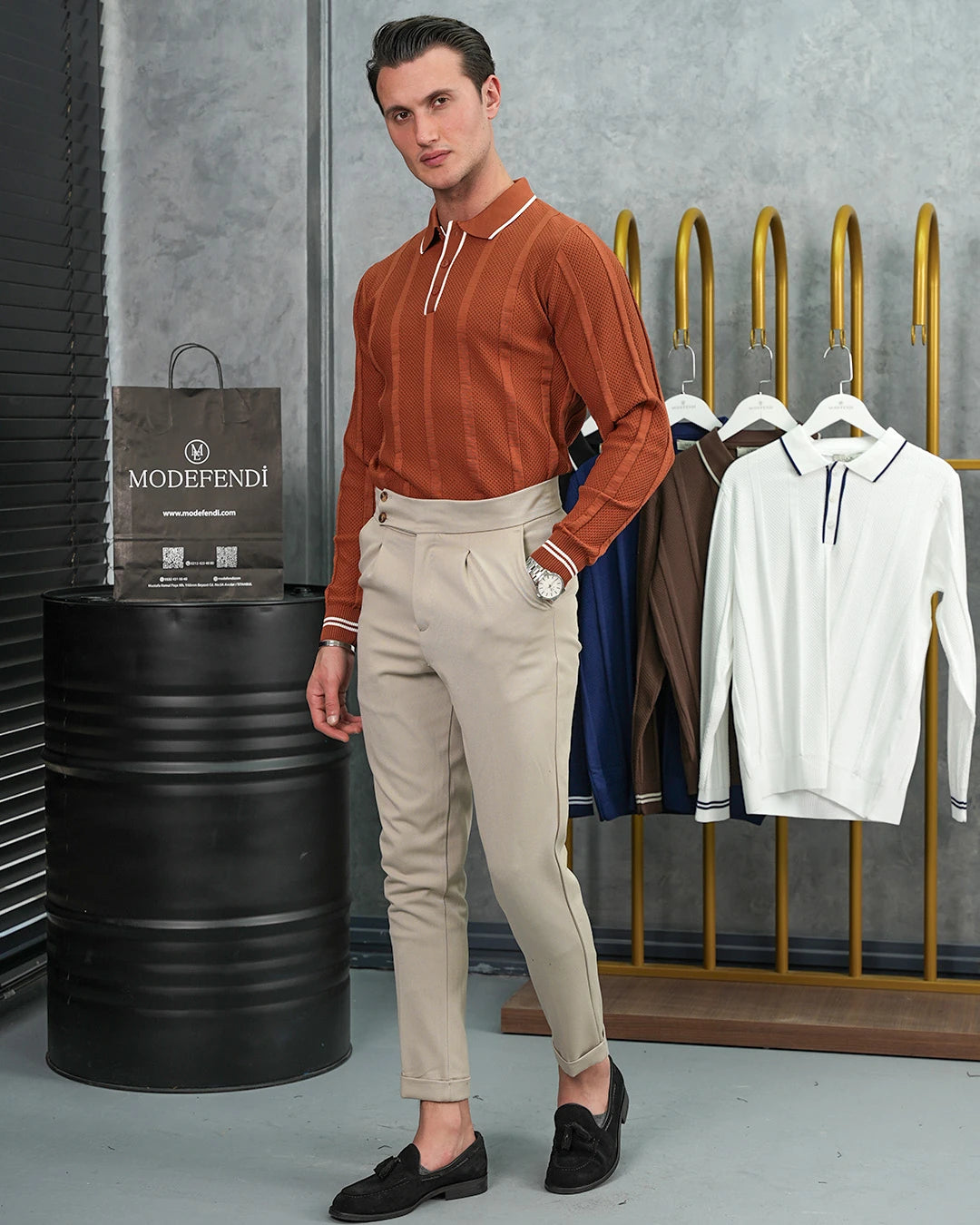 Pamuk Likra Slim Fit Örgü Desen Yaka Şerit Detaylı Polo Yaka Kazak