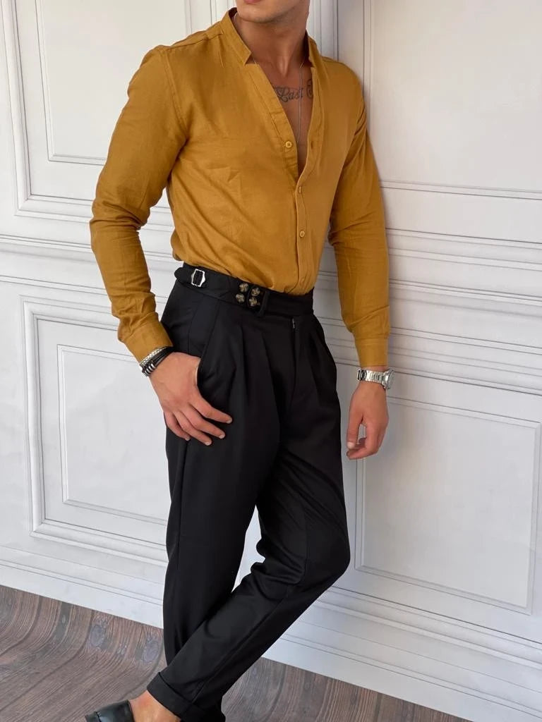 Rahat Kalıp  Yaka Yırtmaç Detaylı Keten Gömlek