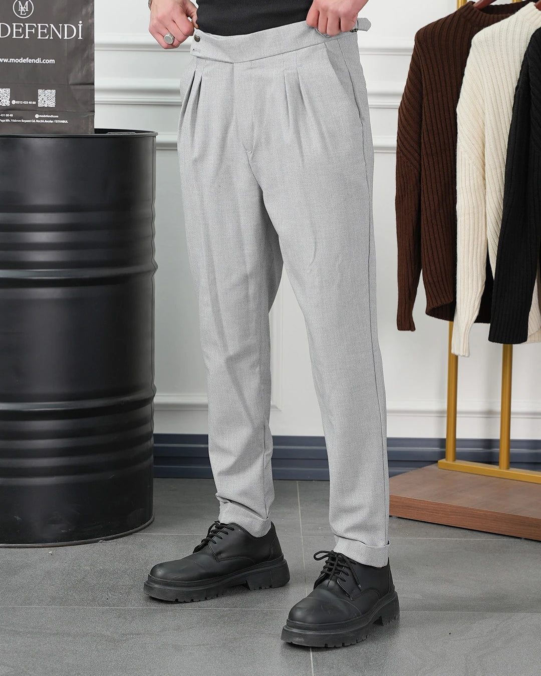 Yüksek Bel Pileli Petek Örme Pamuklu Slimfit Pantolon