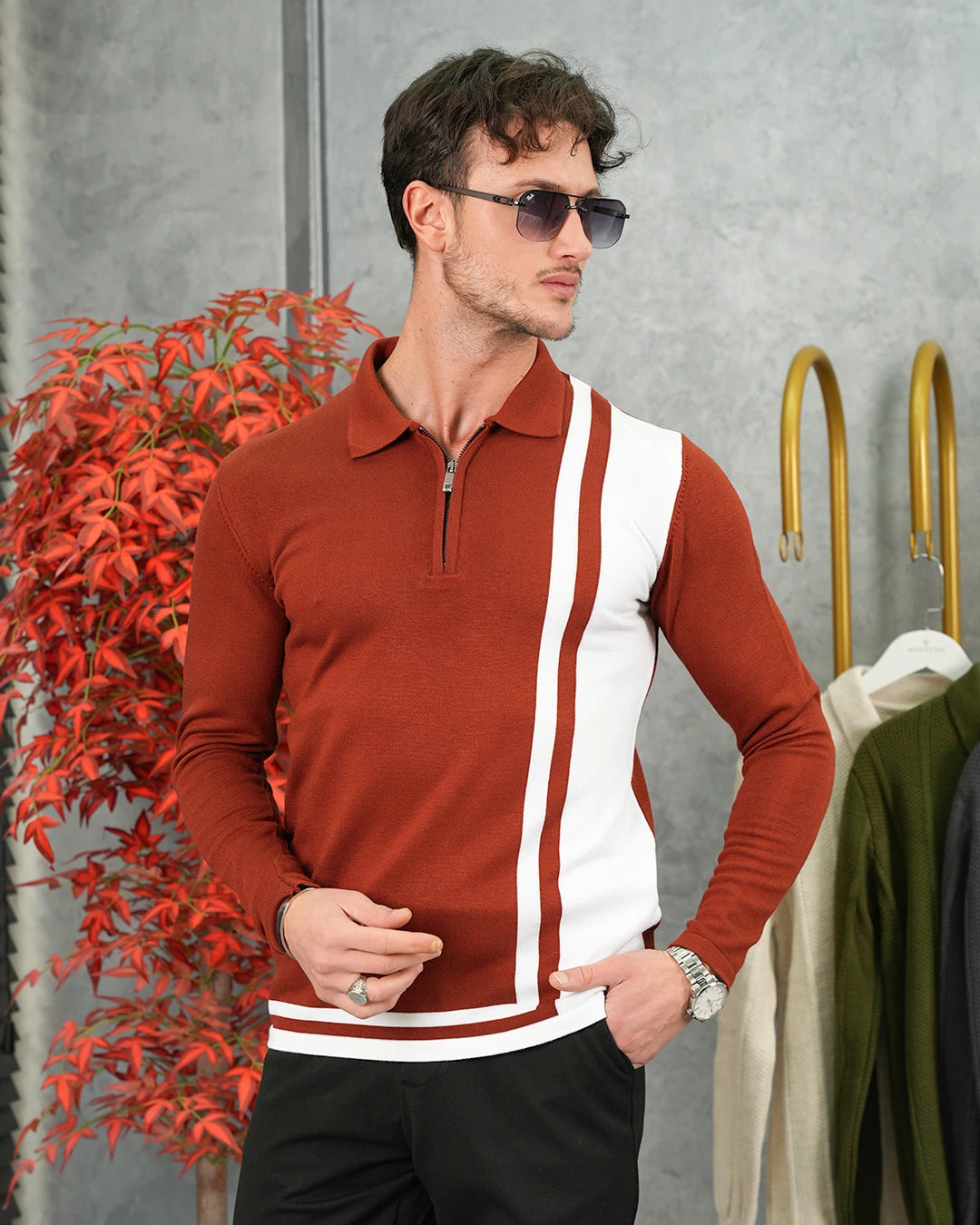 Şerit Detaylı Fermuarlı Polo Yaka Triko Kazak