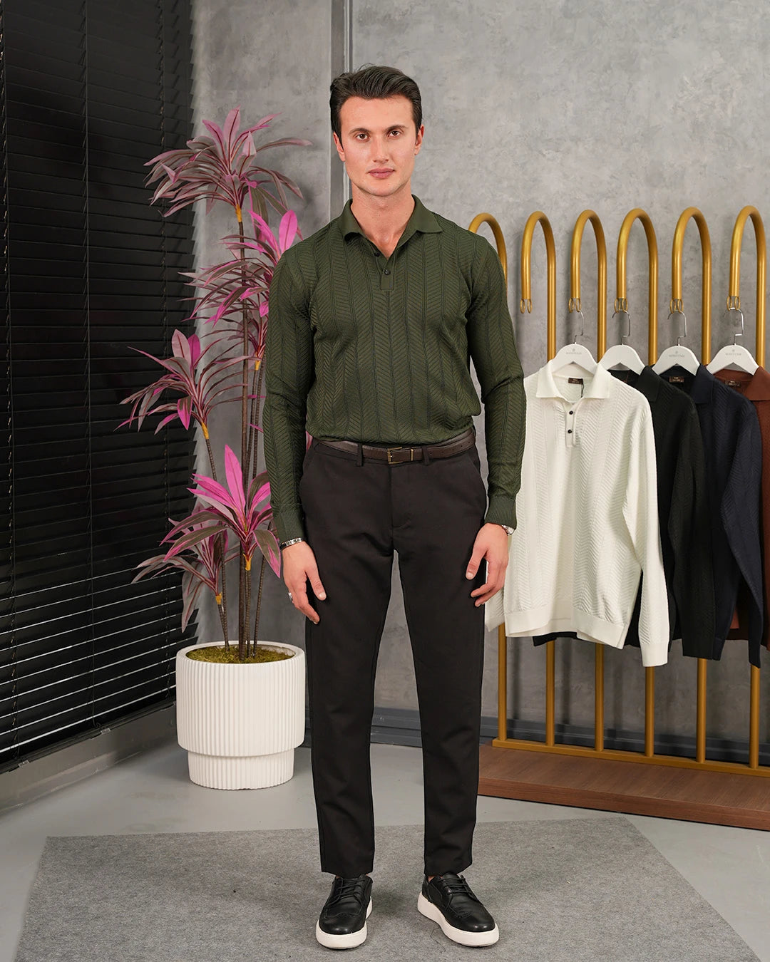 Pamuk Likra Yıldız Desen Yaka Düğmeli Slim Fit Kalıp Triko Kazak