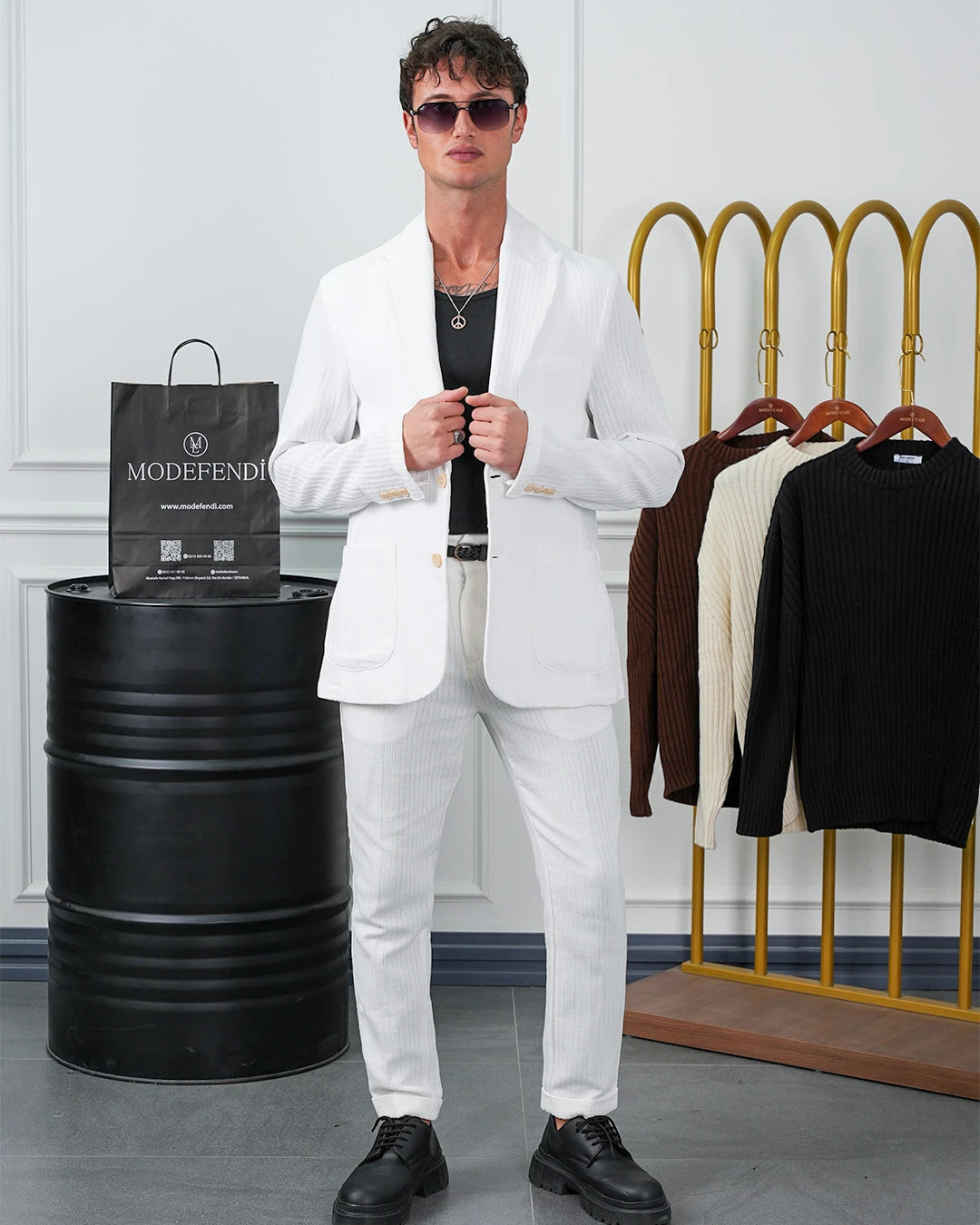 %100 Pamuk Keten Modern Fit Örgü Kemer Detaylı Keten Takım Elbise