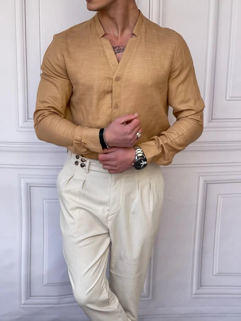 Rahat Kalıp  Yaka Yırtmaç Detaylı Keten Gömlek