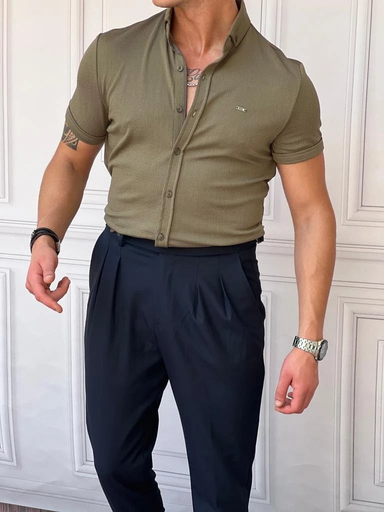 Pamuk Likra Gofre Kumaş Slim Fıt Kalıp Kısa Kollu Gömlek