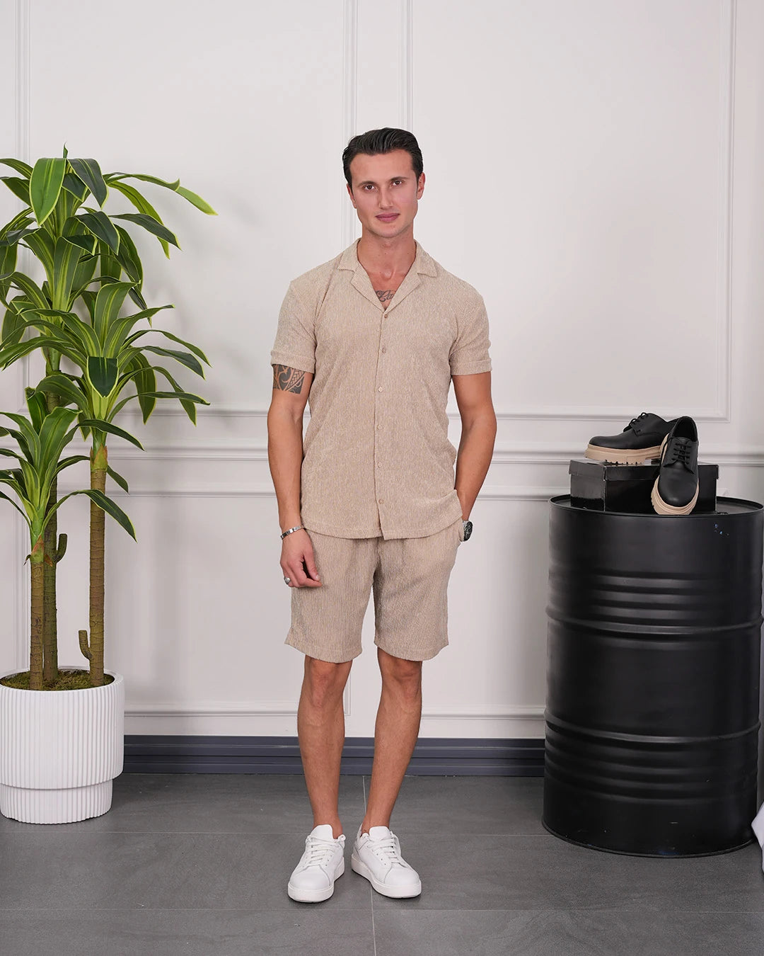 Krinkıl Kumaş Pamuklu Gömlek + Şort Takım